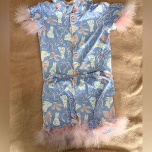 Blue Pajama Set with Bunnies & Bows and Pink Feather Trim 7/8